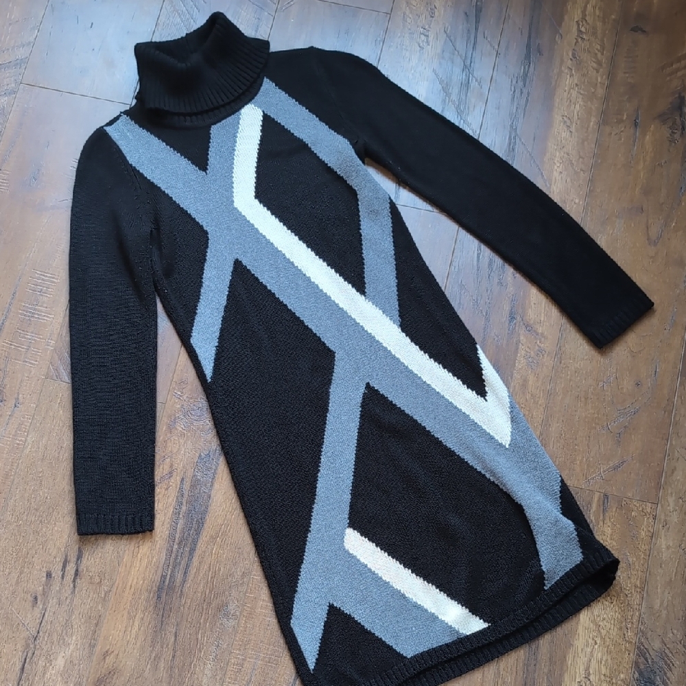 Elegant Black and Gray Turtleneck Sweater Dress